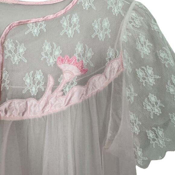 Vintage Pink Chiffon And Lace Peignoir Robe Babydoll Open Front Fairy Sleepwear - Picture 4 of 5